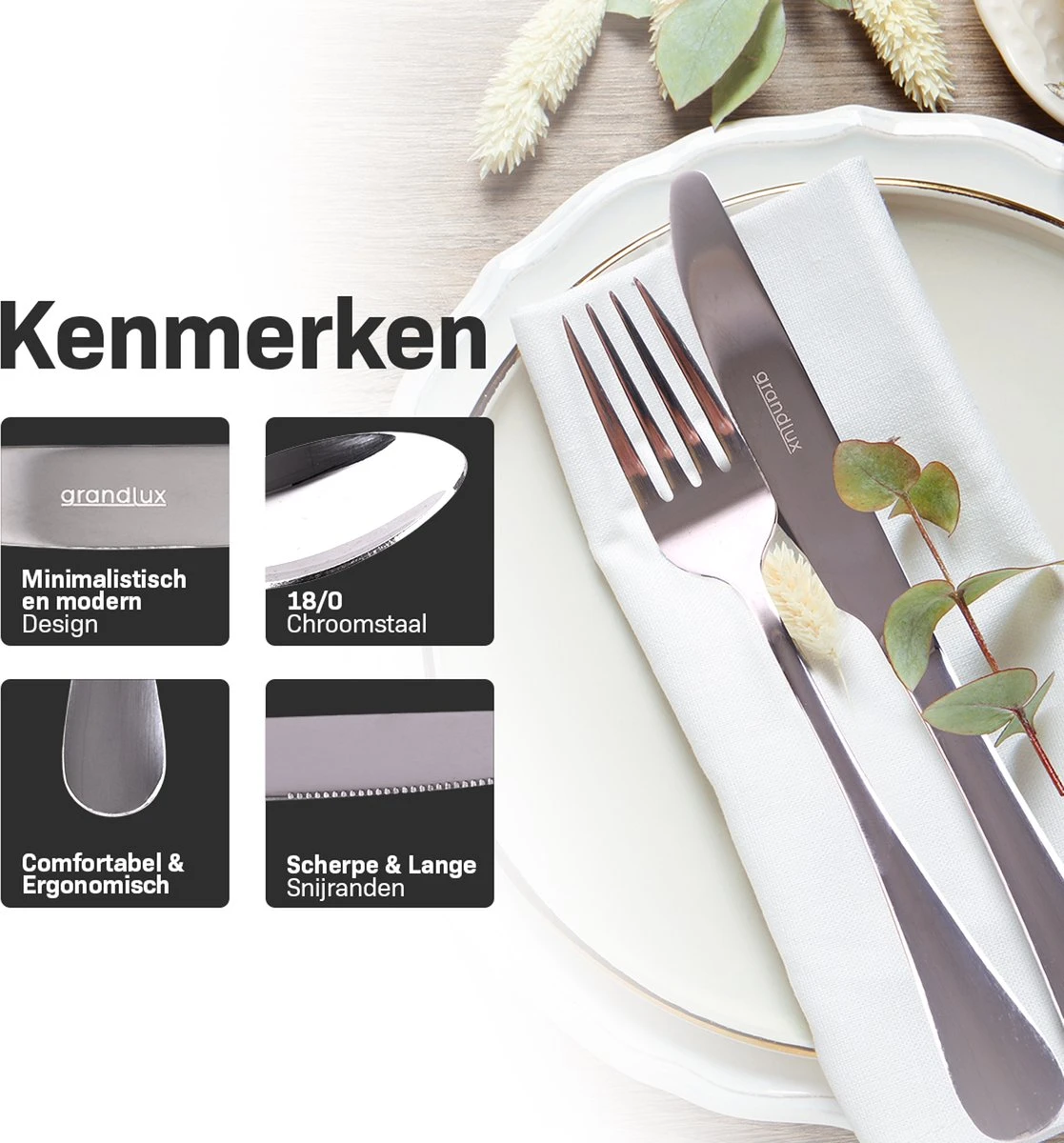 Grandlux Bestekset 6 Persoons 30-delig - Zilver Bestek - Messen, Vorken, Lepels - Cutlery Set - RVS 5 Grandlux Bestekset 6 Persoons 30-delig - Zilver Bestek - Messen, Vorken, Lepels - Cutlery Set - RVS - Afbeelding 5