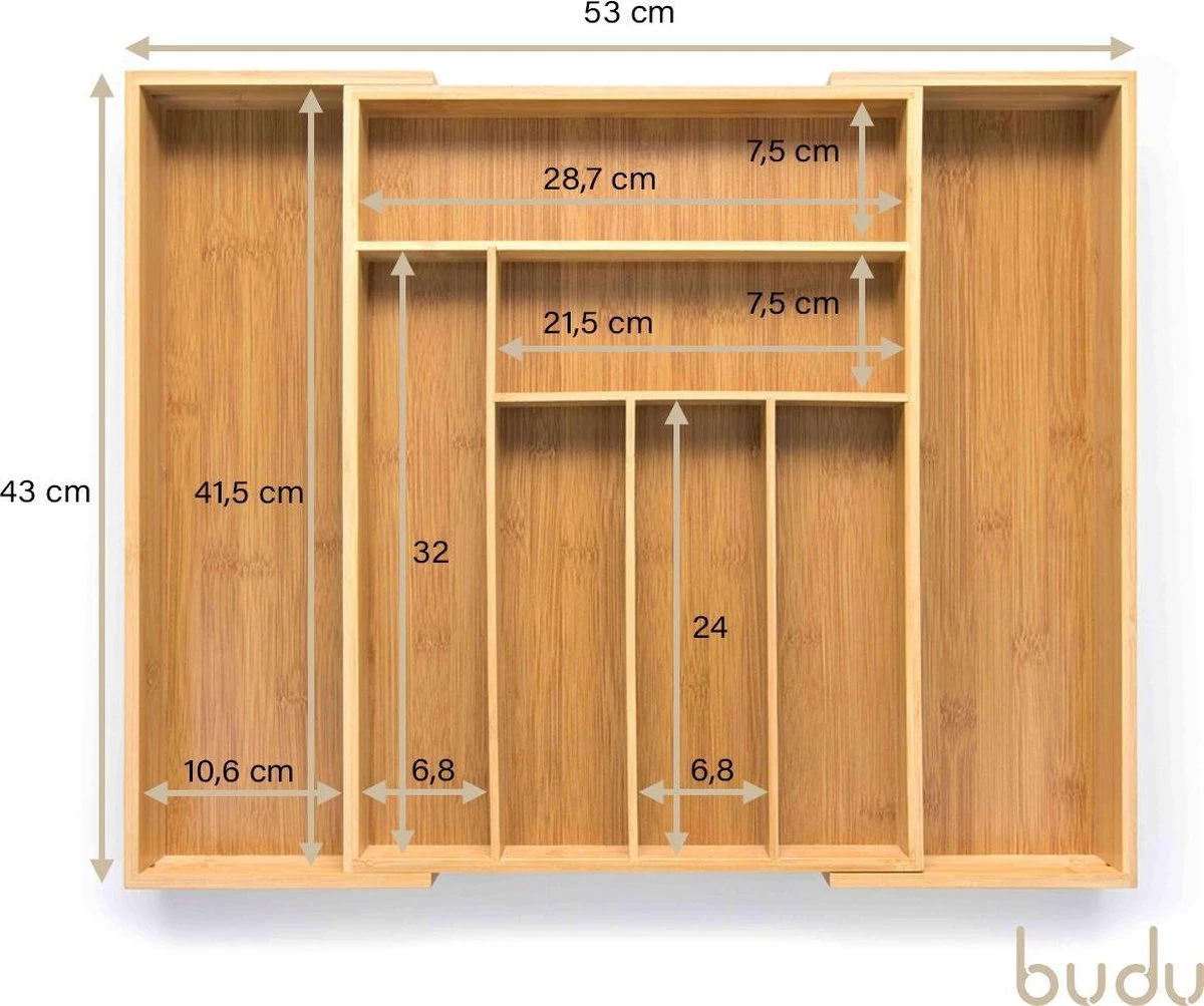 Budu Uitschuifbare Bamboe Bestekbak #43 (43 Cm Diep) - Bestekcassette Hout - Besteklade - 43 X 32,2 - 53 Cm - 6/8 Vakken 6 Budu Uitschuifbare Bamboe Bestekbak #43 (43 Cm Diep) - Bestekcassette Hout - Besteklade - 43 X 32,2 - 53 Cm - 6/8 Vakken - Afbeelding 6