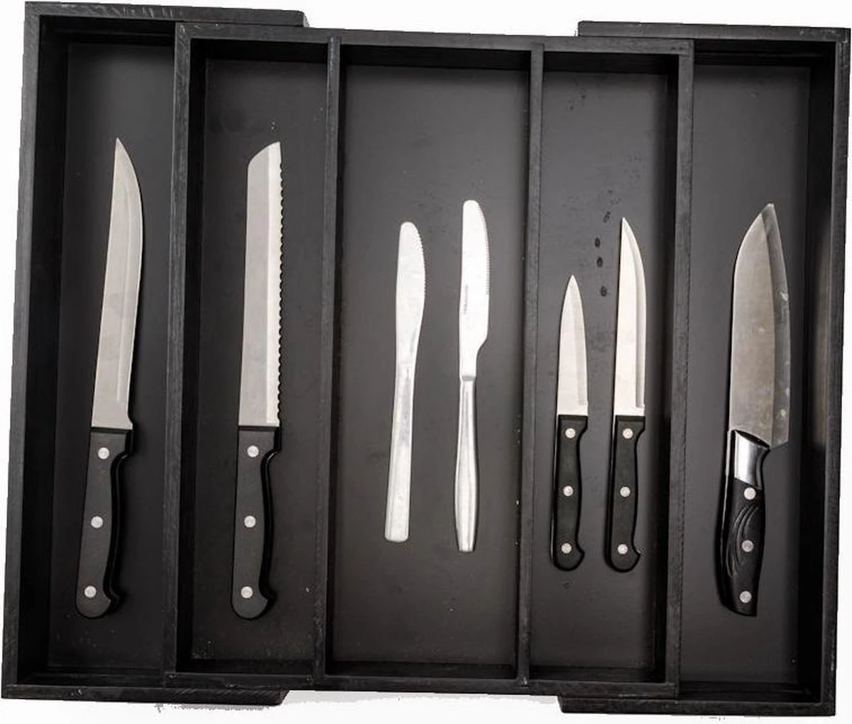 Merkloos Decopatent® Uitschuifbaar Bestekbak - Besteklade - 3 Vaks -> Uitschuifbaar Naar 5 Vakken - Bestekbakken Organizer - Bamboe - Zwart 6 Merkloos Decopatent® Uitschuifbaar Bestekbak - Besteklade - 3 Vaks -> Uitschuifbaar Naar 5 Vakken - Bestekbakken Organizer - Bamboe - Zwart - Afbeelding 6