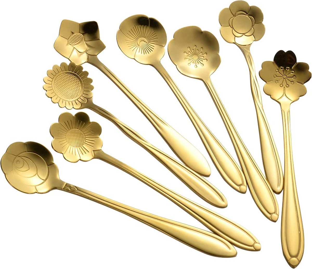 Fako Bijoux® - Bloemen Lepels Set - Theelepel / Koffielepel - 12cm - Goud - 8 Stuks 3 Fako Bijoux® - Bloemen Lepels Set - Theelepel / Koffielepel - 12cm - Goud - 8 Stuks - Afbeelding 3
