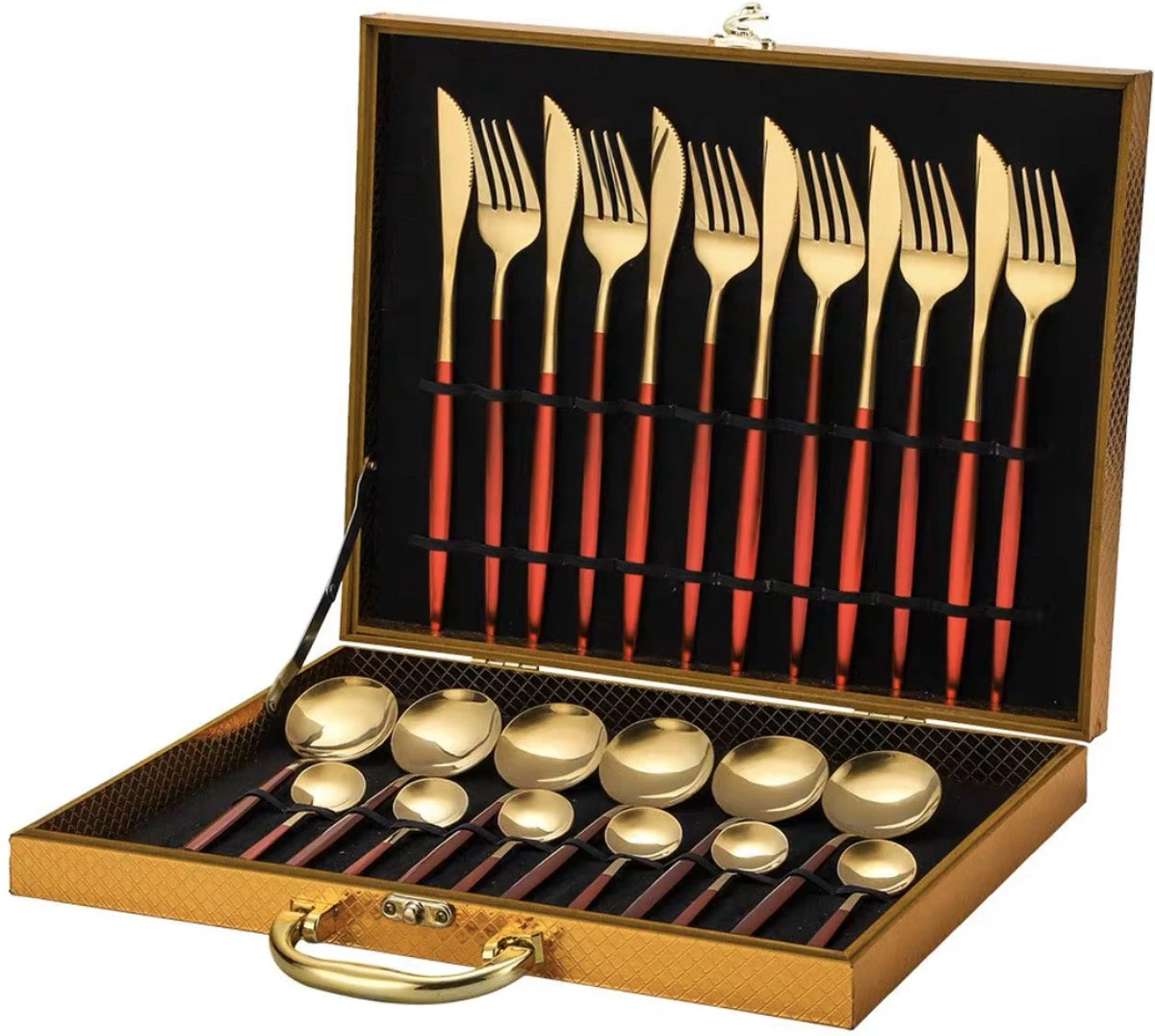 Merkloos Bestekset - 24 Delig Bestekset - 6 Personen - Rood/Goud - Tafellepels/Tafelmessen/Tafelvorken/Koffielepels - Roestvrij Staal 1 Merkloos Bestekset - 24 Delig Bestekset - 6 Personen - Rood/Goud - Tafellepels/Tafelmessen/Tafelvorken/Koffielepels - Roestvrij Staal