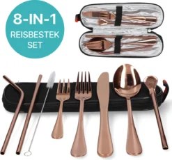 Damster Reisbestek - Verbeterde Versie - Meeneem Bestek Rvs - Reis Bestekset To Go - Incl. Herbruikbare Rietjes - Eenpersoons - Achtdelig - Roodgoud