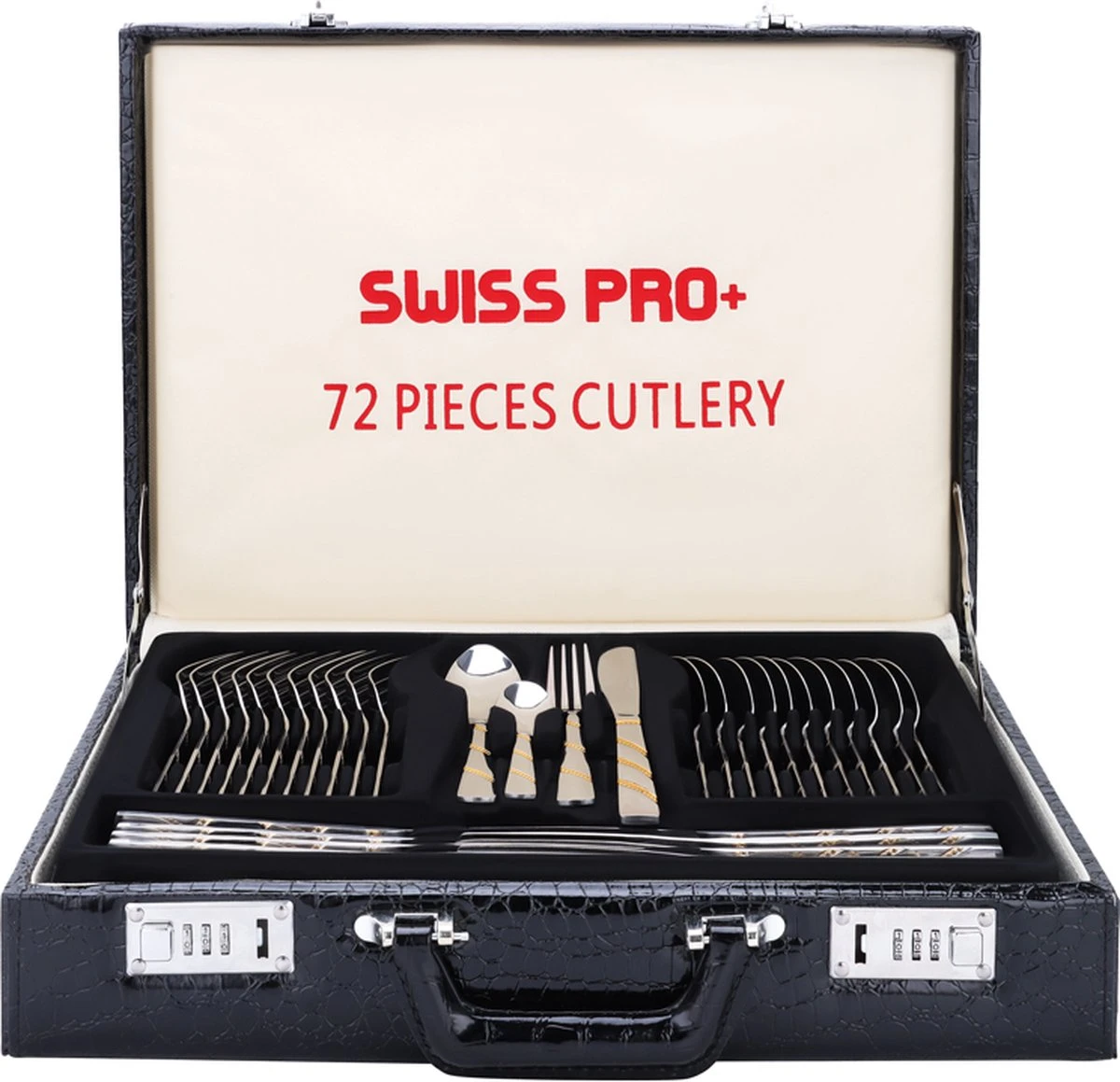 Swiss Pro+ Bestekset In Koffer-72 Delig-12 Persoons-Zwitsers Kwaliteit-Complete Set-100% Roestvrijstaal-Modern Gold 2 Swiss Pro+ Bestekset In Koffer-72 Delig-12 Persoons-Zwitsers Kwaliteit-Complete Set-100% Roestvrijstaal-Modern Gold - Afbeelding 2