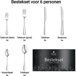 Perow 6 Persoons Bestekset – 36 Delig – 18/10 Edelstaal – Lepels, Messen, Vorken & Steakmessen – Vaatwasserbestendig – Zilver - Serviessets -Sola Winkel 1200x1177 1