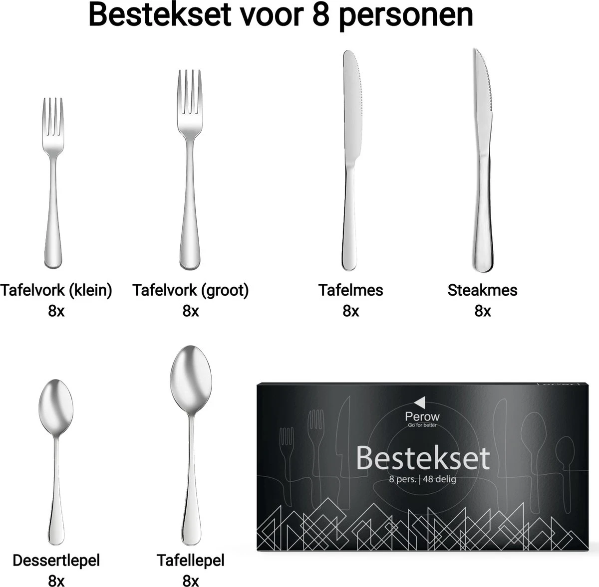 Perow 8 Persoons Bestekset - 48 Delig - 18/10 Edelstaal - Lepels, Messen, Vorken & Steakmessen - Vaatwasser Bestendig - Zilver 8 Perow 8 Persoons Bestekset - 48 Delig - 18/10 Edelstaal - Lepels, Messen, Vorken & Steakmessen - Vaatwasser Bestendig - Zilver - Afbeelding 8