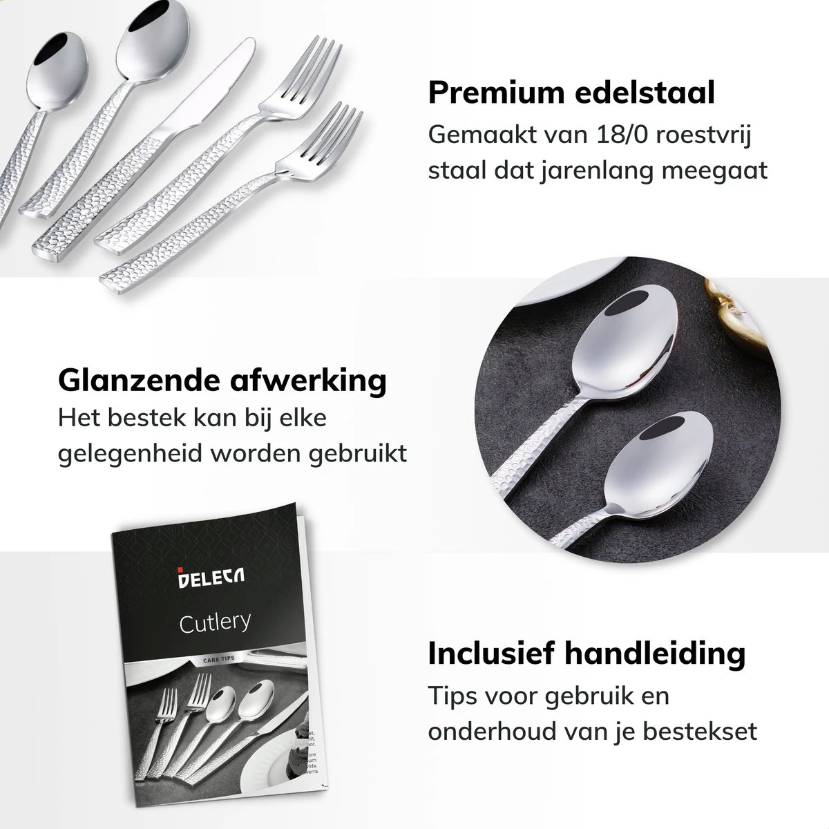 Deleca 6 Persoons Bestekset Deluxe (30-delig) - Vorken, Lepels En Messen - Vaatwasserbestendig - Gehamerd - Zilver / RVS 4 Deleca 6 Persoons Bestekset Deluxe (30-delig) - Vorken, Lepels En Messen - Vaatwasserbestendig - Gehamerd - Zilver / RVS - Afbeelding 4