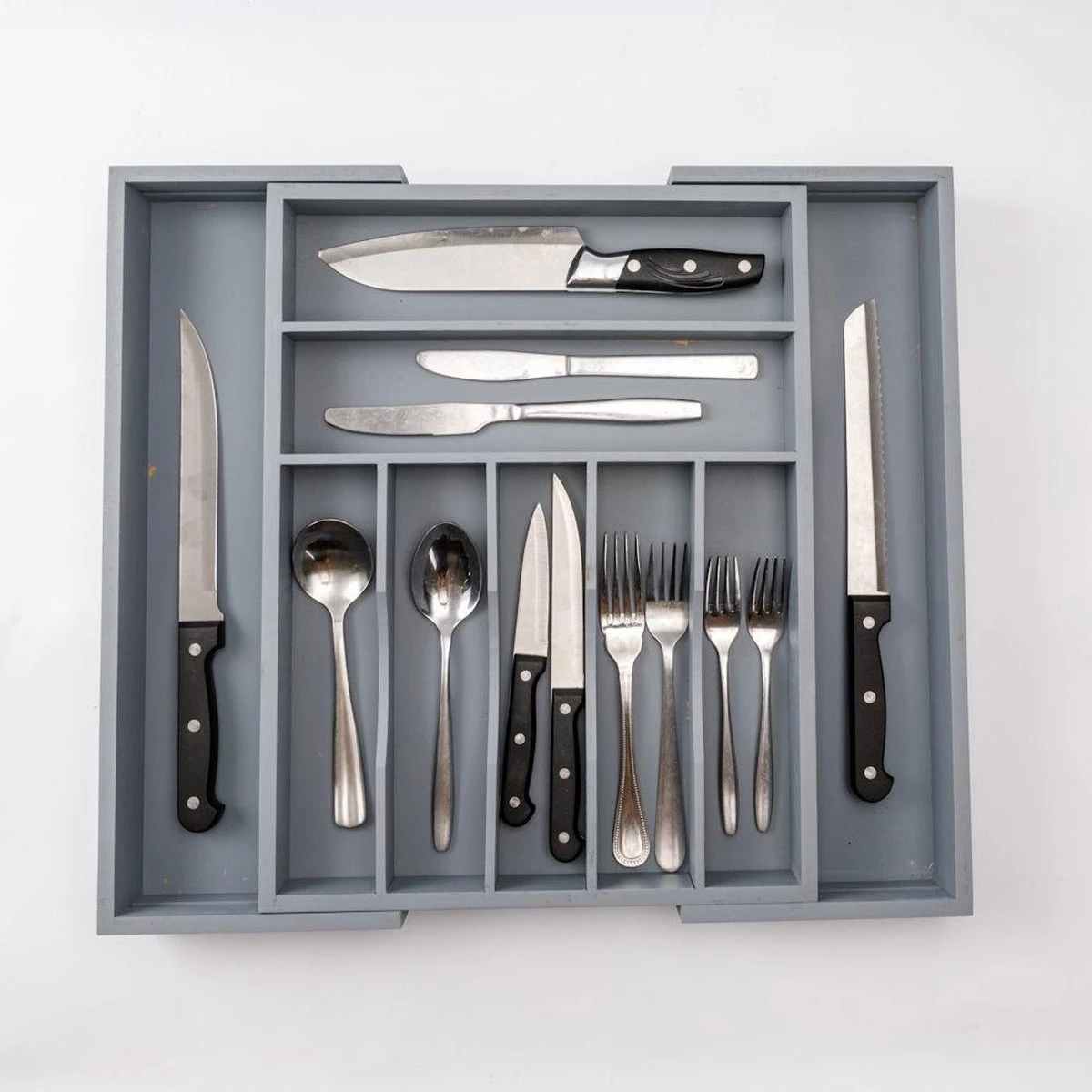 Merkloos Decopatent® Uitschuifbaar Bestekbak - Besteklade - 7 Vaks -> Uitschuifbaar Naar 9 Vakken - Bestekbakken Organizer - Bamboe - Grijs 2 Merkloos Decopatent® Uitschuifbaar Bestekbak - Besteklade - 7 Vaks -> Uitschuifbaar Naar 9 Vakken - Bestekbakken Organizer - Bamboe - Grijs - Afbeelding 2