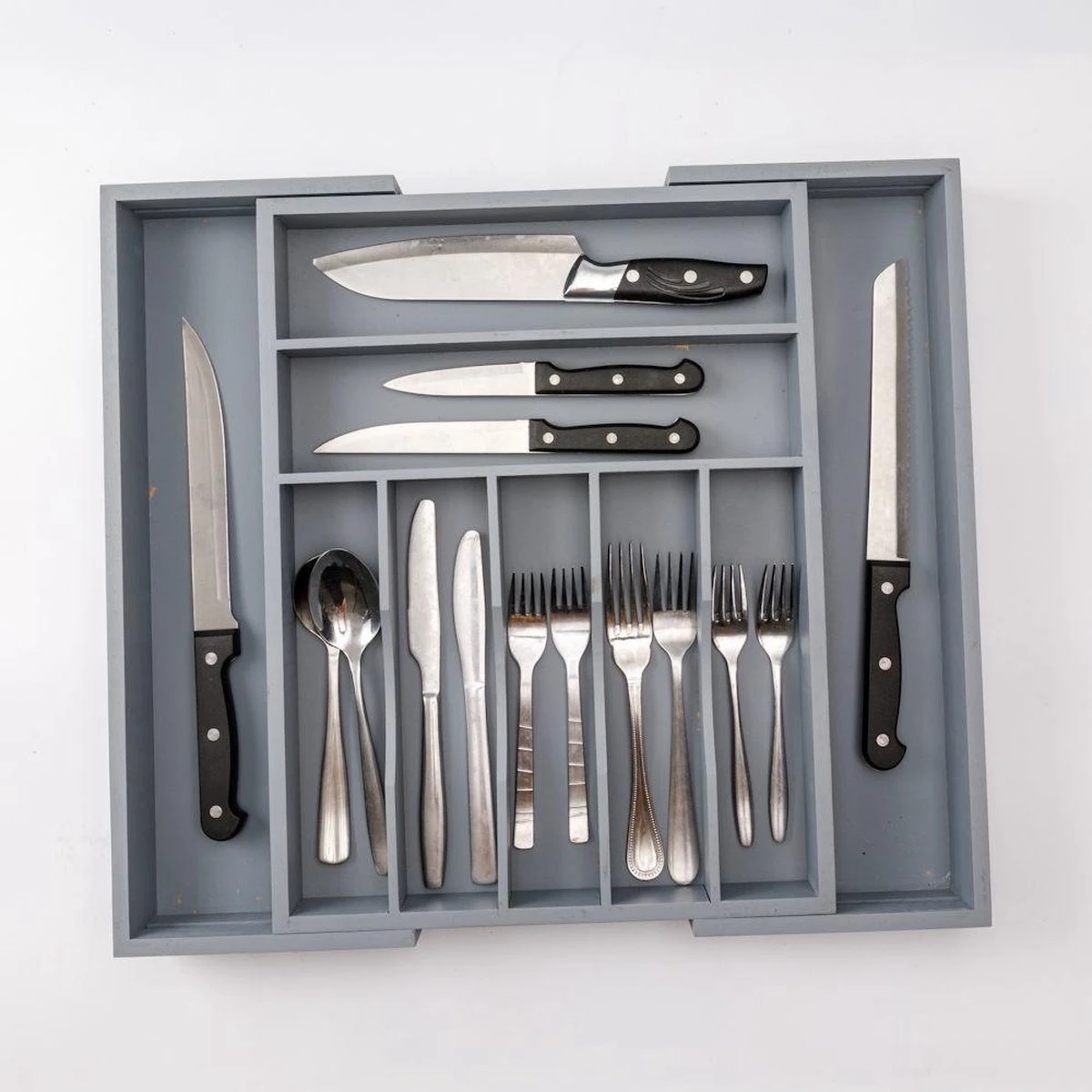 Merkloos Decopatent® Uitschuifbaar Bestekbak - Besteklade - 7 Vaks -> Uitschuifbaar Naar 9 Vakken - Bestekbakken Organizer - Bamboe - Grijs 8 Merkloos Decopatent® Uitschuifbaar Bestekbak - Besteklade - 7 Vaks -> Uitschuifbaar Naar 9 Vakken - Bestekbakken Organizer - Bamboe - Grijs - Afbeelding 8