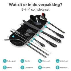Damster Reisbestek - Verbeterde Versie - Meeneem Bestek Rvs - Reis Bestekset To Go - Incl. Herbruikbare Rietjes - Eenpersoons - Achtdelig - Zwart -Sola Winkel 1200x1200 81