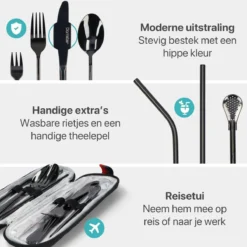Damster Reisbestek - Verbeterde Versie - Meeneem Bestek Rvs - Reis Bestekset To Go - Incl. Herbruikbare Rietjes - Eenpersoons - Achtdelig - Zwart -Sola Winkel 1200x1200 85