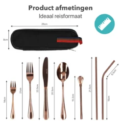 Damster Reisbestek - Verbeterde Versie - Meeneem Bestek Rvs - Reis Bestekset To Go - Incl. Herbruikbare Rietjes - Eenpersoons - Achtdelig - Roodgoud -Sola Winkel 1200x1200 91