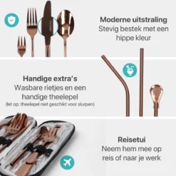 Damster Reisbestek - Verbeterde Versie - Meeneem Bestek Rvs - Reis Bestekset To Go - Incl. Herbruikbare Rietjes - Eenpersoons - Achtdelig - Roodgoud -Sola Winkel 1200x1200 92