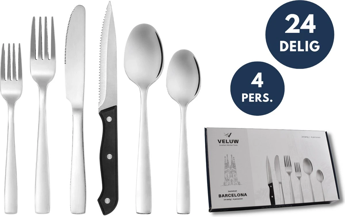 Veluw Bestekset 4 Persoons - Barcelona Bestekset 24 Delig - RVS 18/0 1 Veluw Bestekset 4 Persoons - Barcelona Bestekset 24 Delig - RVS 18/0
