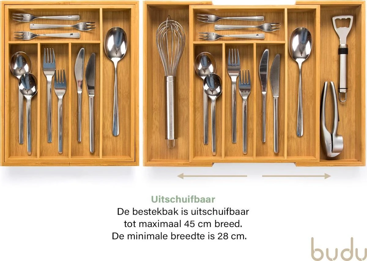 Budu Uitschuifbare Bamboe Bestekbak #33,5 (33,5 Cm Diep) - Bestekcassette Hout - Besteklade - 33,5 X 28 - 45 Cm - 5/7 Vakken 3 Budu Uitschuifbare Bamboe Bestekbak #33,5 (33,5 Cm Diep) - Bestekcassette Hout - Besteklade - 33,5 X 28 - 45 Cm - 5/7 Vakken - Afbeelding 3