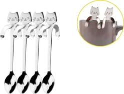 4 Theelepels Hangende Kat - Katten Koffielepel - RVS - Zilverkleurig