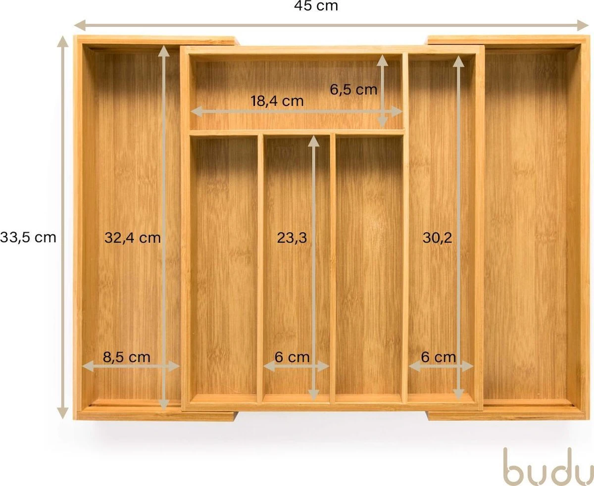 Budu Uitschuifbare Bamboe Bestekbak #33,5 (33,5 Cm Diep) - Bestekcassette Hout - Besteklade - 33,5 X 28 - 45 Cm - 5/7 Vakken 7 Budu Uitschuifbare Bamboe Bestekbak #33,5 (33,5 Cm Diep) - Bestekcassette Hout - Besteklade - 33,5 X 28 - 45 Cm - 5/7 Vakken - Afbeelding 7