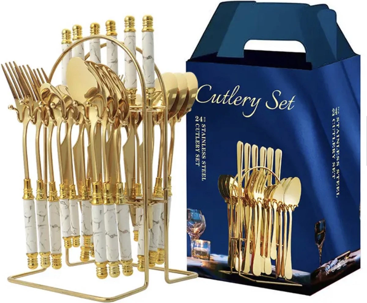 Yerminbeauty Bestekset 6 Persoons 24-delig - Roestvrij Staal - Theelepels, Lepels, Messen & Vorken - Met Houder - Wit-goud Marble 1 Yerminbeauty Bestekset 6 Persoons 24-delig - Roestvrij Staal - Theelepels, Lepels, Messen & Vorken - Met Houder - Wit-goud Marble