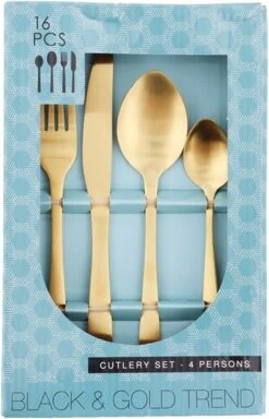 Merkloos Bestekset 16-delig - Goud - Goudkleur - 4x Messen, Vorken, Lepels En Dessertlepels - Roestvrij Staal -Sola Winkel 771x1200