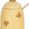 Clayre & Eef Honingpot Met Lepel Ø 11x14 Cm Geel Keramiek Rond Bijen Voorraadpot Deksel Bewaarpot Opbergpot